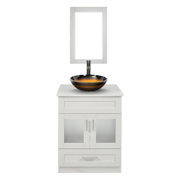 Puluomis 24 in. W x 19 in. D x 44 in. H Single Sink Bath Vanity in White with White Solid Surface Vanity Top and Mirror