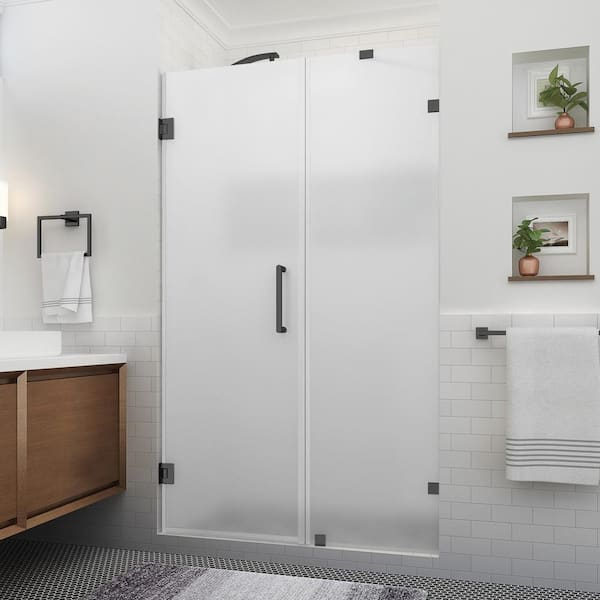 Aston Nautis XL 51.25 in. to 52.25 in. W x 80 in. H Hinged Frameless Shower Door in Matte Black w/Ultra-Bright Frosted Glass