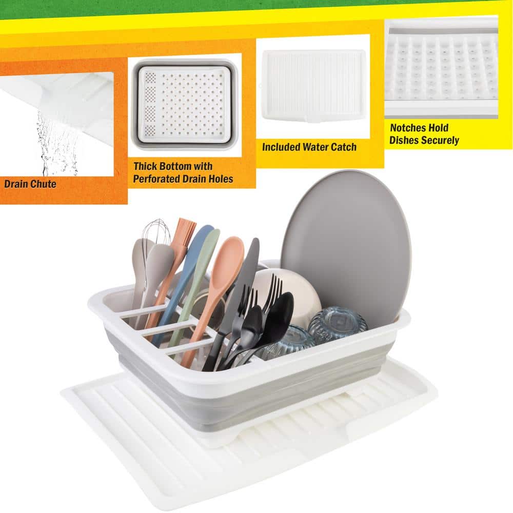 Gray Collapsible Dish Drying Rack with Utensil Cup