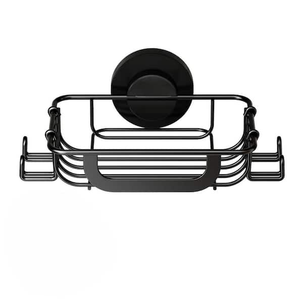 Suction Cup Mount Rustproof Stainless Steel Soap Dish Shower Caddy with Hooks in Black for Shower