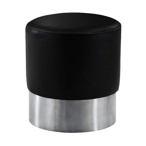 Armen Living Armen Living Black Faux Leather Contemporary Round Ottoman in Brushed Stainless Steel