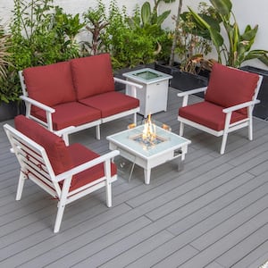 Walbrooke White 5-Piece Aluminum Square Patio Fire Pit Set with Red Cushions and Tank Holder