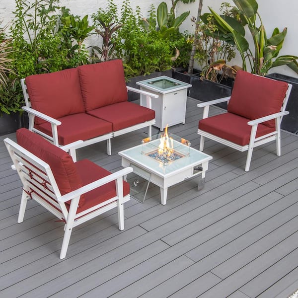 Leisuremod Walbrooke White 5-Piece Aluminum Square Patio Fire Pit Set with Red Cushions and Tank Holder