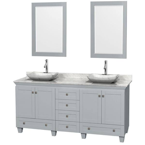 Wyndham Collection Acclaim 72 in. W x 22 in. D Vanity in Oyster Gray with Marble Vanity Top in Carrera White with White Basins and Mirrors