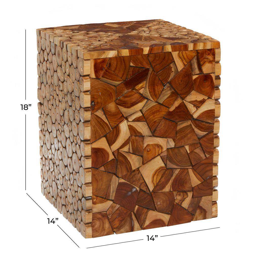 Handcrafted 14" Brown Teak Wood Mosaic Accent Table