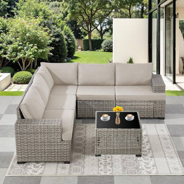 6-Piece Taupe Wicker Patio Conversation Set with Beige Olefin Cushions and Lantern-Like Wicker Light Box/Mogular Units