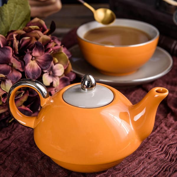 Artvigor Porcelain Tea Set for One, Tea Cup and Saucer Serving Set with Teapot Teacup and Saucer, Beautifully Satin Gift Boxed, Orange&Gray