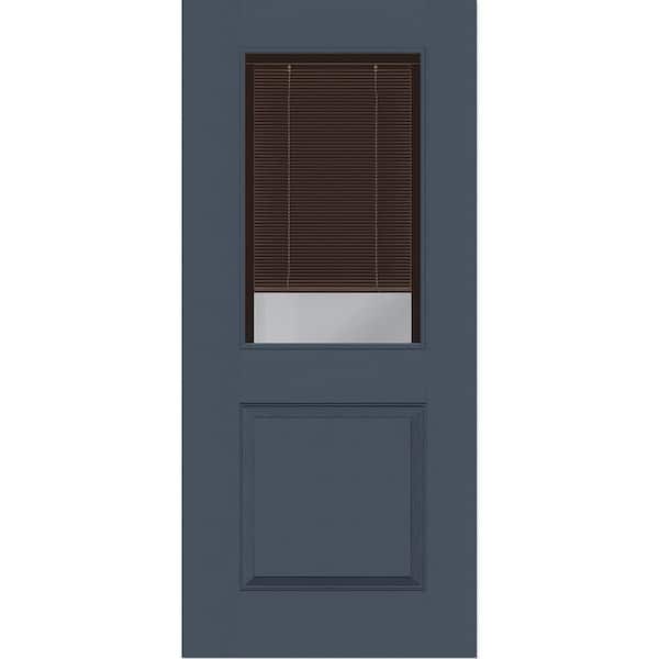 Legacy 30 in. x 80 in. Universal Handing 1/2-Lite Clear Glass Mocha Miniblind Dark Denim Fiberglass Front Door Slab