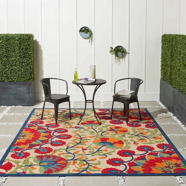 Aloha Easy-Care Red/Multicolor 7 ft. x 10 ft. Floral Modern Indoor/Outdoor Patio Area Rug