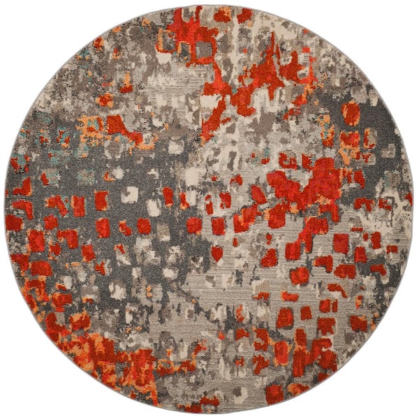 Monaco Gray/Orange 9 ft. x 9 ft. Round Geometric Area Rug