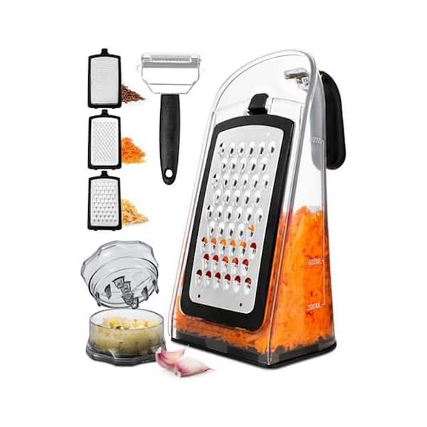 Multiuse Stainless-Steel Cheese Grater and Garlic Mincer Black Kitchen Shredder with Peeler Storage Container