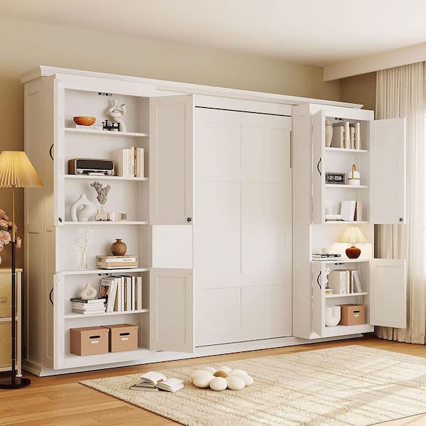 Gale White Wood Frame Full Size Murphy Bed, Wall Bed with Dual Sliding Storage Cabinets, Dual 6 Tier Side Shelves