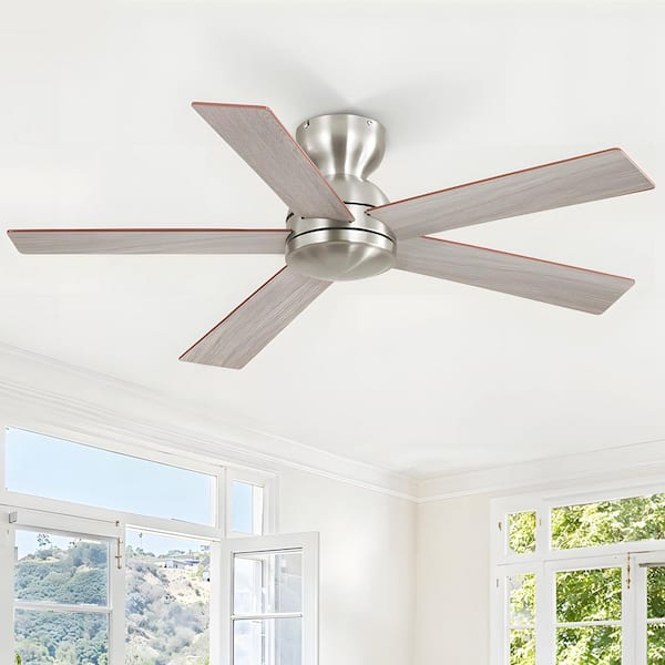 42 in. Flush Mount Indoor/Outdoor Nickel 6-Speed Quiet Standard Ceiling Fan No Lights with Remote Control for Bedroom