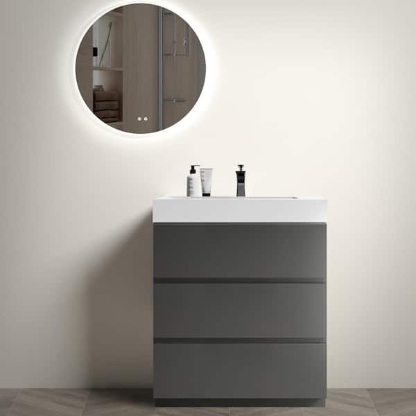 FUNKOL 30 in. W Modern Freestanding Bathroom Vanity with 3-Drawers and White Gel Sink in Gray