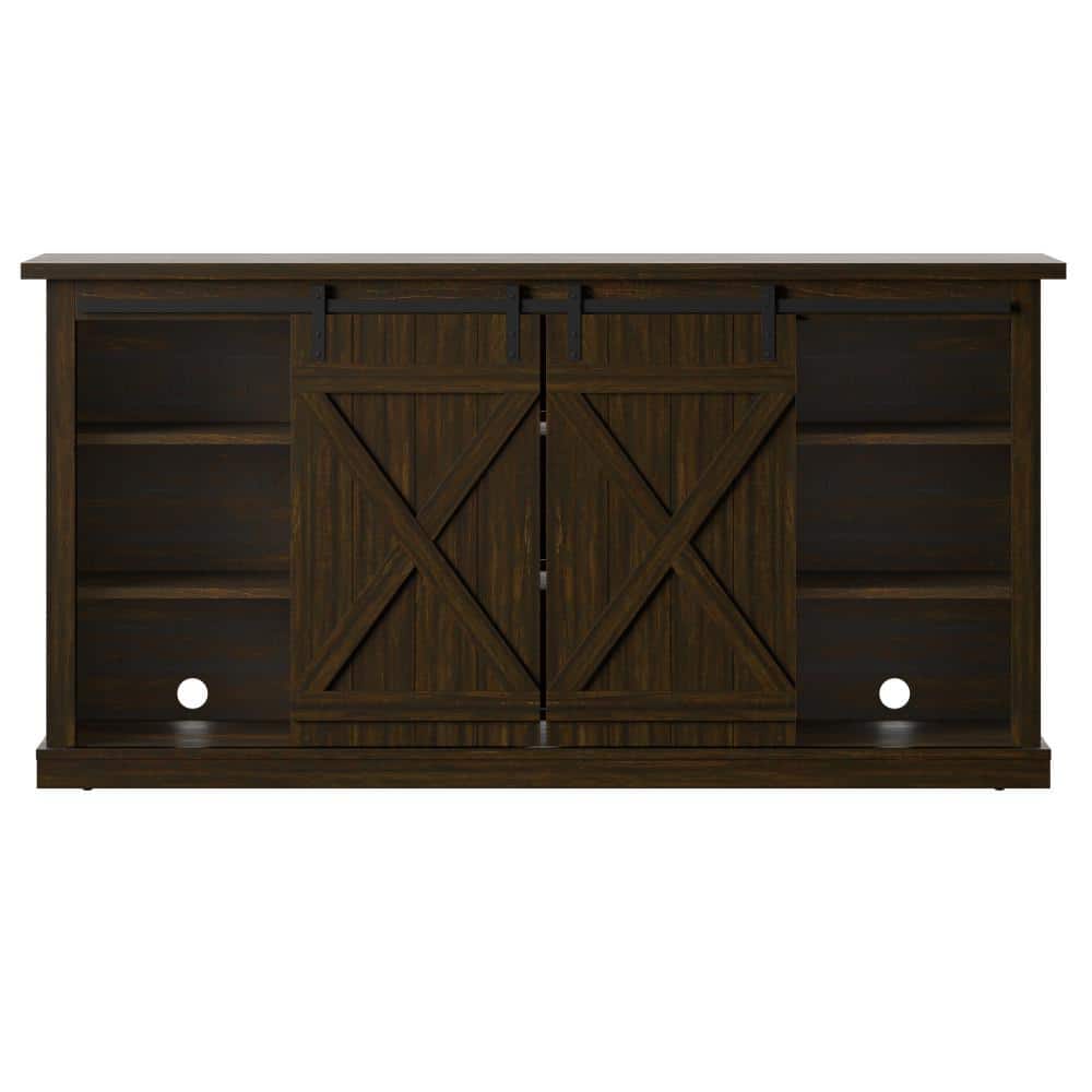 Sawcut Espresso 63" Brown Wood TV Stand with Sliding Barn Doors