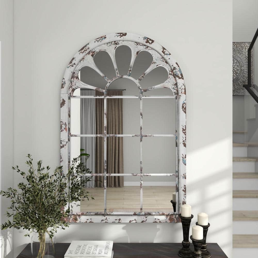 White Distressed Wood Arched Windowpane Wall Mirror