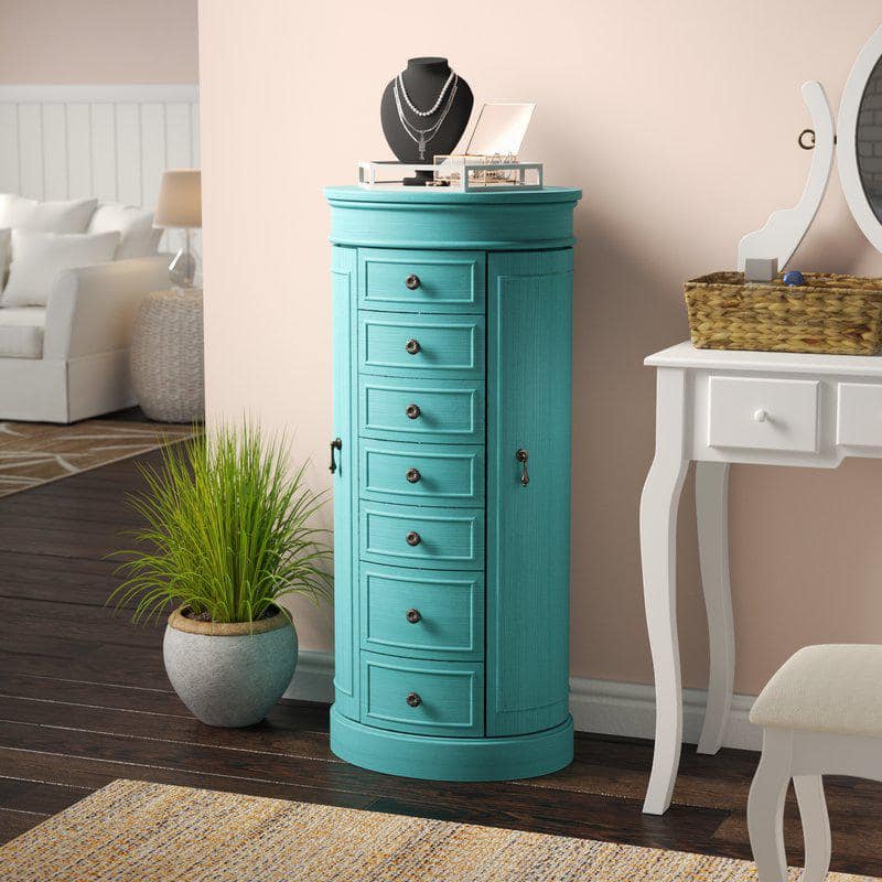 Turquoise Wood Free Standing Jewelry Armoire with Mirror