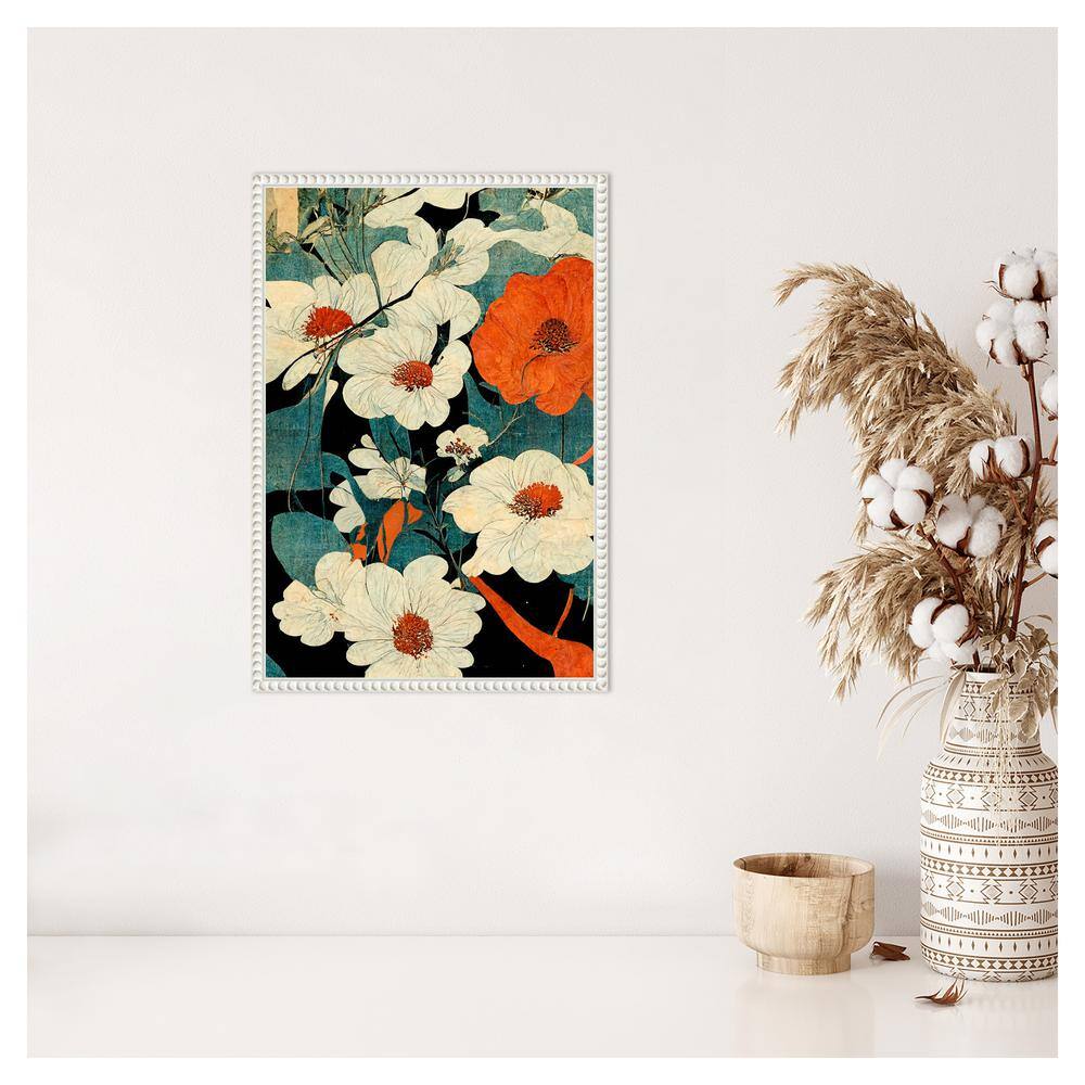 Asian Flowers Beaded Framed Canvas Wall Art Print