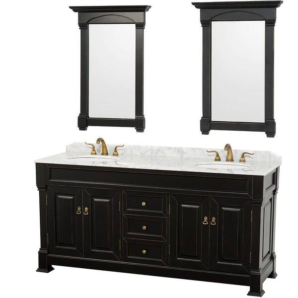 Wyndham Collection Andover 72 in. Vanity in Antique Black with Marble Vanity Top in Carrera White and Mirrors