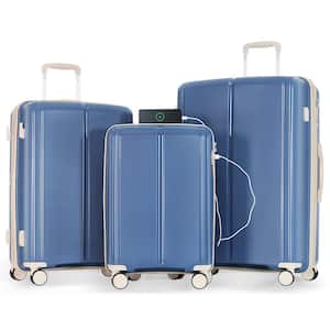 Lightweight 3-Piece Blue and Ivory 20 in. 24 in. 28 in. Expandable PP Spinner Luggage Set with TSA Lock, 20 in. USB Port