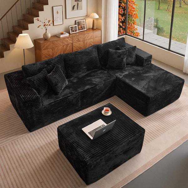 BP 108 in. Arm 2-Piece Plush Corduroy L-Shape Modular Sectional Sofa Couch in. Black with Right Chaise and Ottoman
