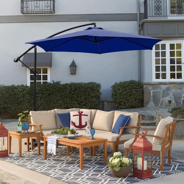 10 ft. Patio Offset Cantilever Umbrella Outdoor Market Hanging Umbrellas with Crank and Cross Base Dark Blue