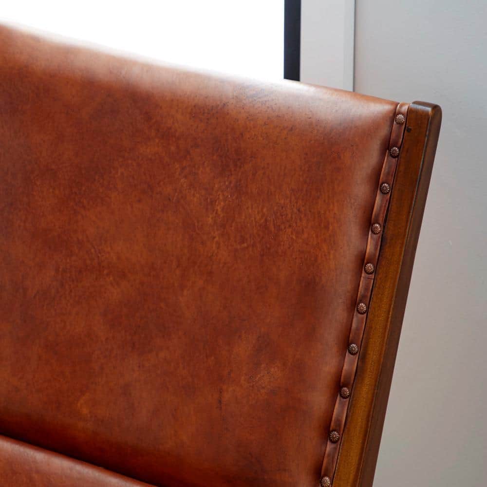 Set of 2 Brown Teak Wood Leather Accent Chairs with Ottoman