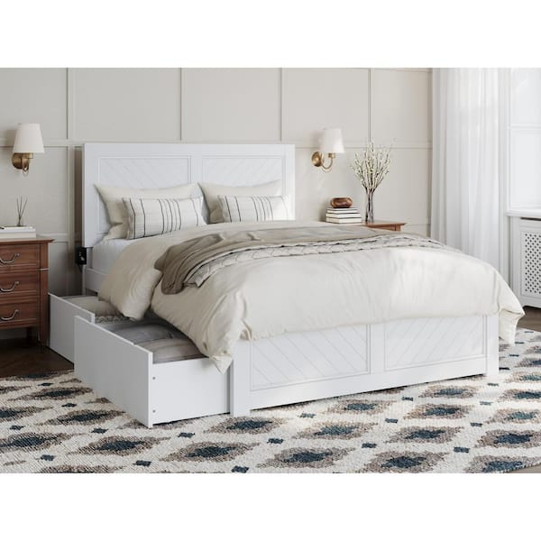 Canyon White Solid Wood Full Platform Bed with Matching Footboard and Storage Drawers