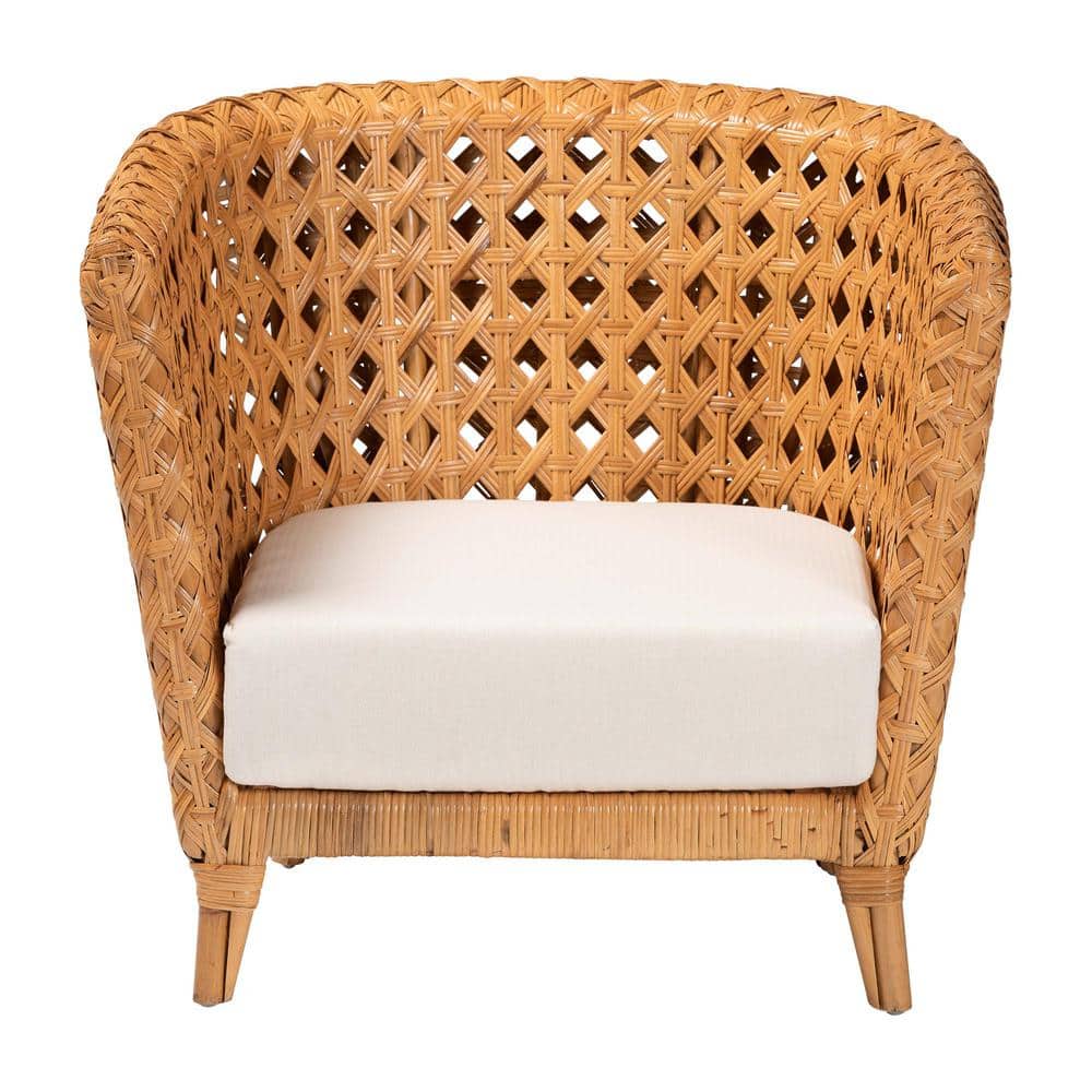 Handcrafted Natural Rattan Bohemian Accent Chair with White Cushion