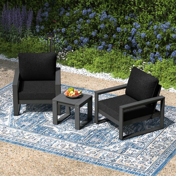 Endless Outdoor 3-Piece All Weather Gray HDPE Plastic Deep Seating Patio Lounge Chair Conversation Set, Black Cushions