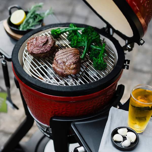 Joe Jr. 13.5 in. Portable Charcoal Grill in Red with Cast Iron Cart, Heat Deflectors and Ash Tool