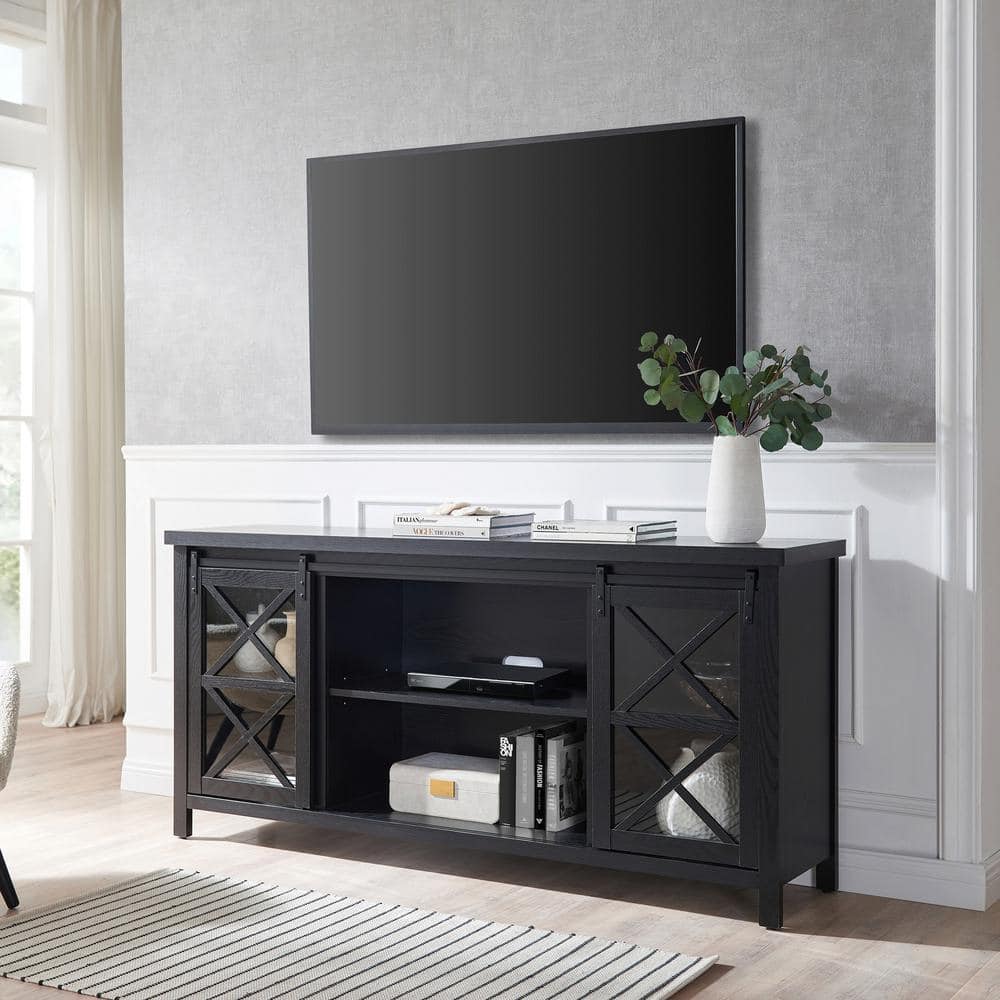 Clementine Transitional 68'' Black Grain Metal TV Stand with Cabinet
