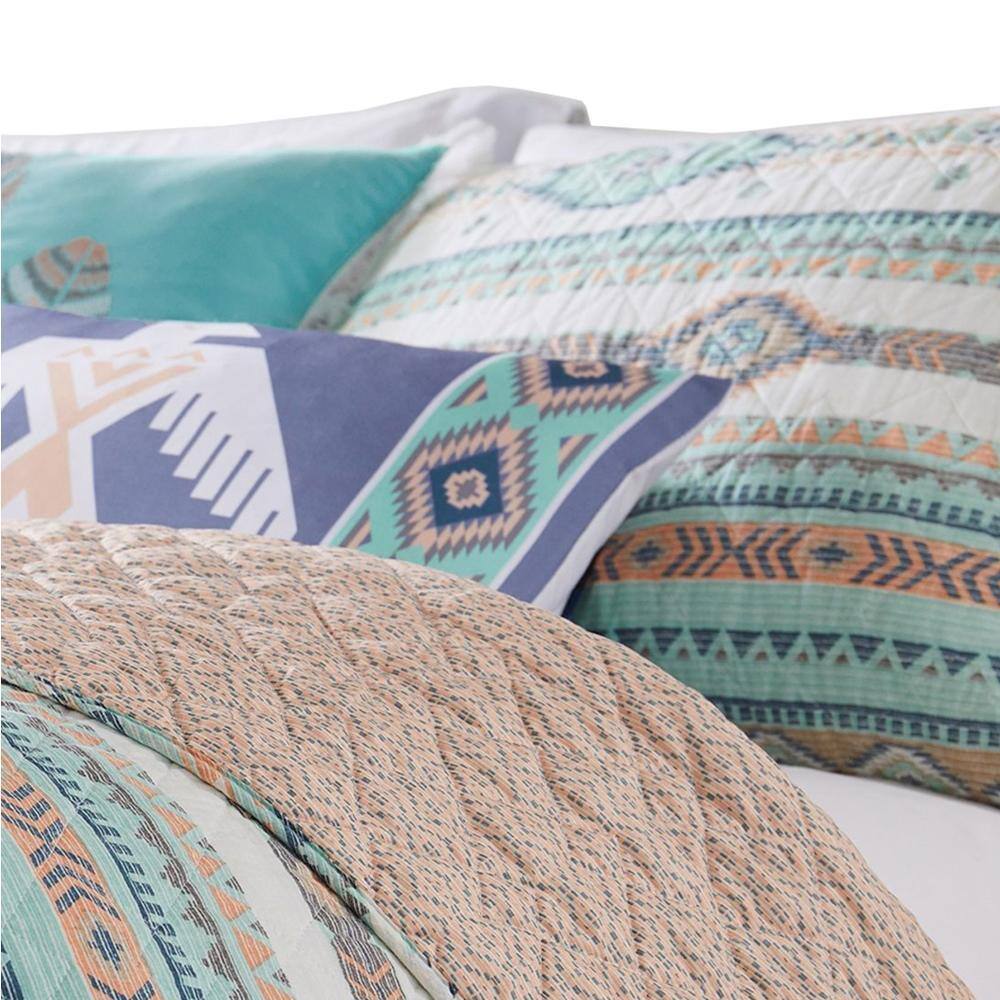 Blue Full Microfiber Geometric Quilt Set