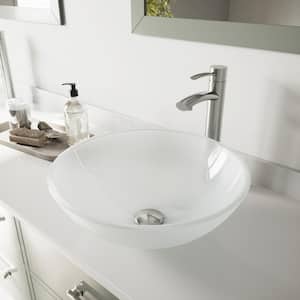 Glass Round Vessel Bathroom Sink in Frosted White with Milo Faucet and Pop-Up Drain in Brushed Nickel