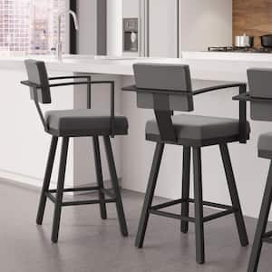 Akers 26 in. Light Grey Polyester Black Metal Swivel Counter Stool