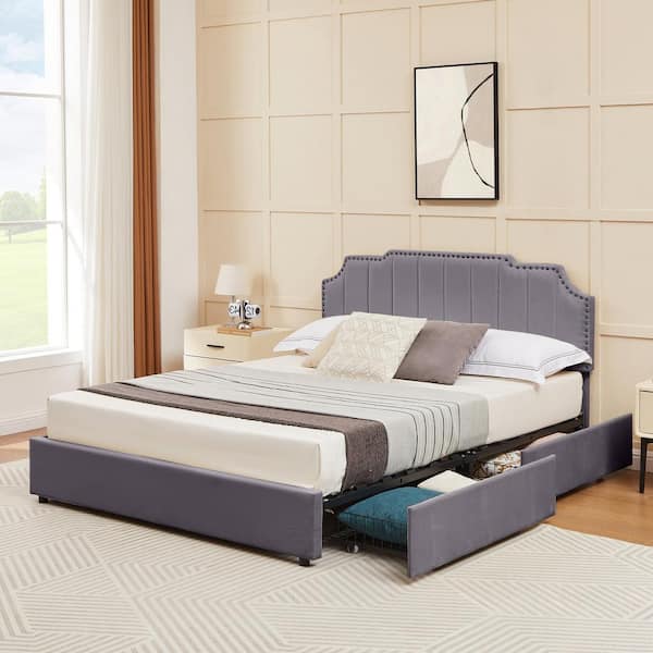 VECELO Queen Metal Platform Bed Frame with 4 Storage Drawers and Upholstered Headboard, Gray