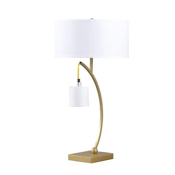 HomeRoots 29 in. Gold Metal 2-Light Arched Table Lamp with White Drum Shade