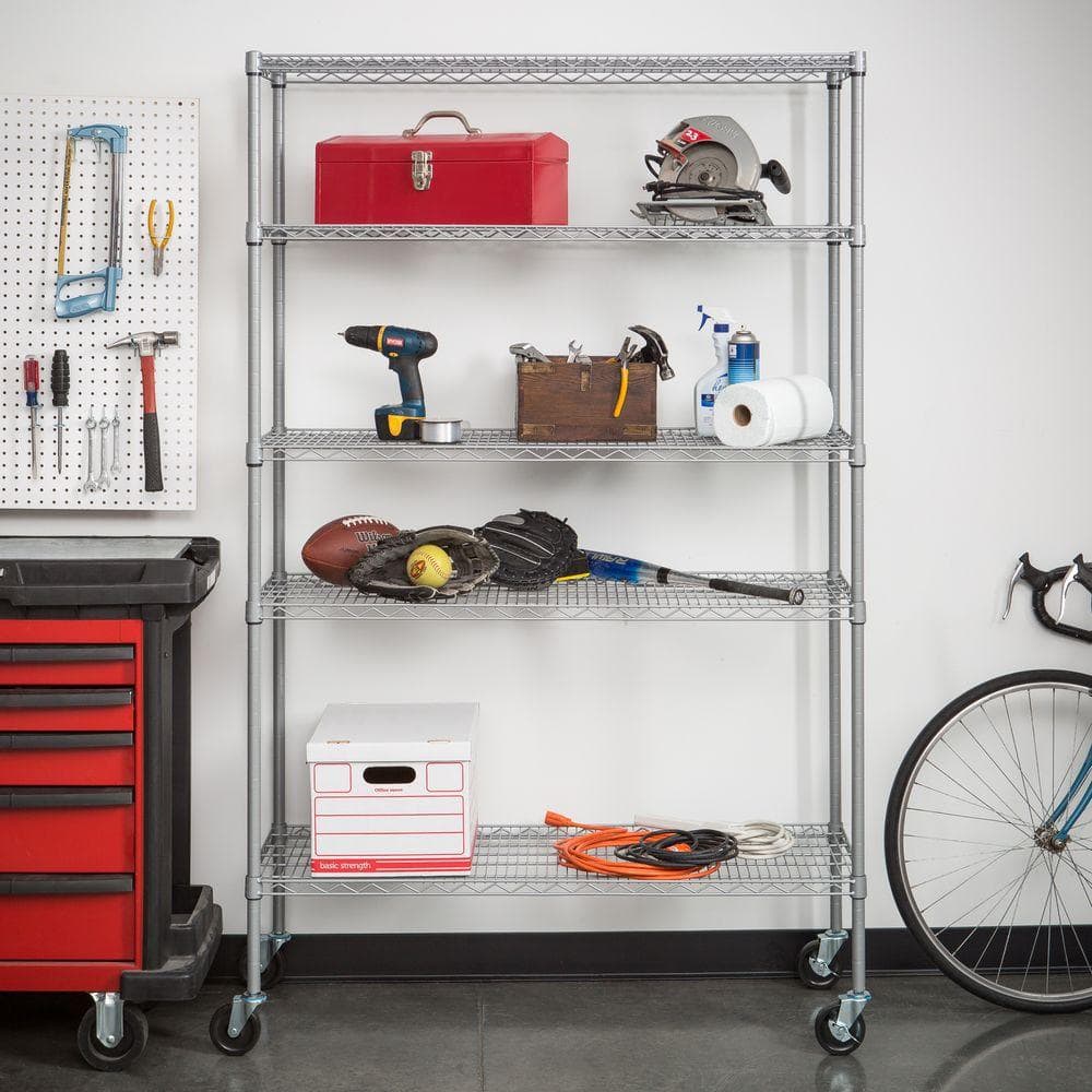 Gray Adjustable 5-Tier Steel Wire Shelving Unit with Wheels
