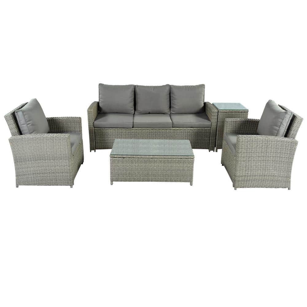 Tunearary 5-Piece Wicker Patio Sectional Sofa Set with Grey Cushions ...