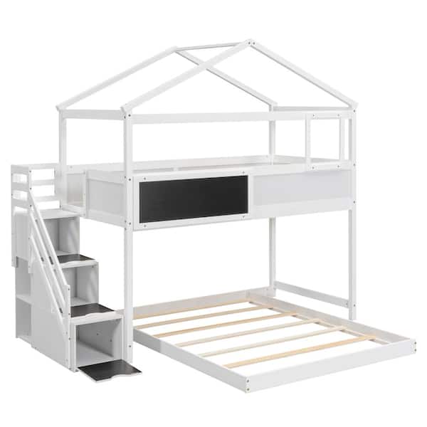 Nestfair White Wood Twin over Full Bunk Bed with Storage Staircase and ...