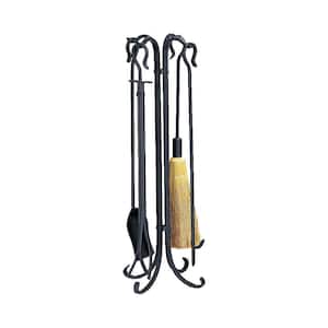 Black Wrought Iron 5-Piece Rustic Fireplace Tool Set with Heavy Weight Construction