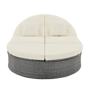 Wicker Outdoor Patio Day Bed with Adjustable Backrests and Beige Cushions