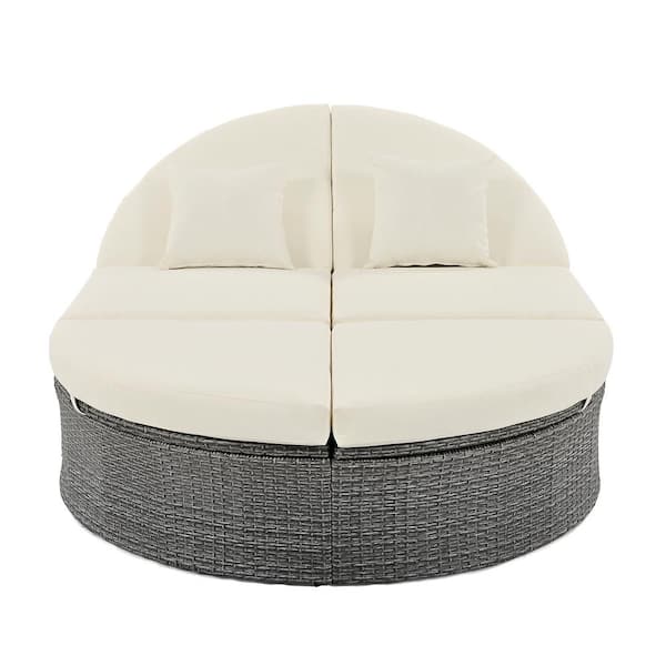 Nestfair Wicker Outdoor Patio Day Bed with Adjustable Backrests and Beige Cushions