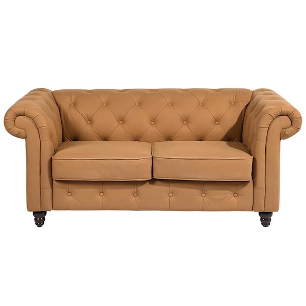 Spaco 67 in. Wide Rolled Arms Faux Leather Straight Rectangle Modern Tufted Upholstered Sofa 2-Seat Sofa in Brown