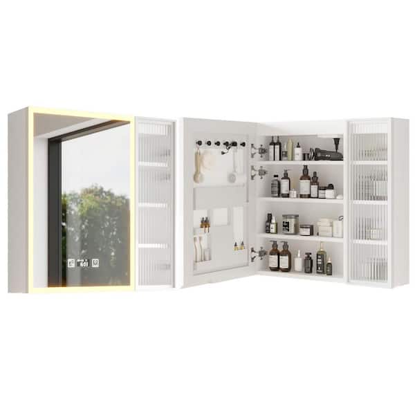 28.2 in. W x 27.6 in. H Framed Rectangular Wall Bathroom Vanity Mirror in Brushed with Glass Door and 2-plug 2-USB Port