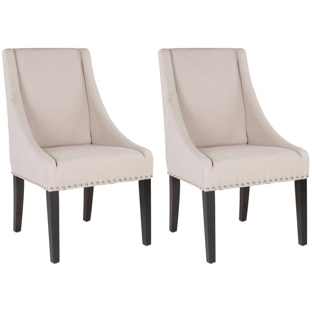 Transitional Beige Linen and Wood Upholstered Side Chair