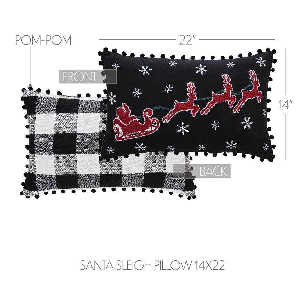 Annie Black Check Santa Sleigh Pillow with Pom Pom Border