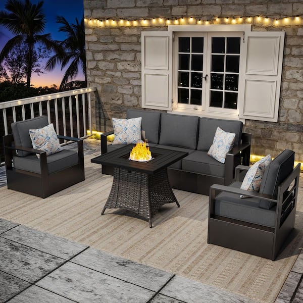 4-Piece Fire Pit Patio Set Aluminum Outdoor Patio Conversation Set with Swivel Rocking Chairs and Thick Gray Cushions
