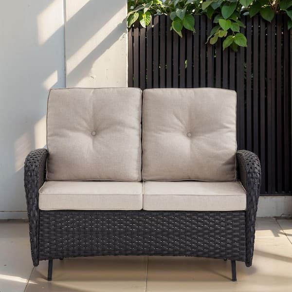 PlainCurve 49.6 in. Width 2-Person Metal and Black Wicker Patio Outdoor Glider Loveseat with Olefin Beige Cushion