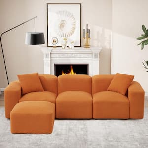 Comfy 94.5 in. Armless 4-piece L-Shaped Teddy Fabric Modular Sectional Sofa in. Orange with 2 Pillows, Ottoman